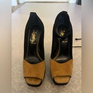 Yves Saint Laurent Black and Tan Peep Toe Heels
